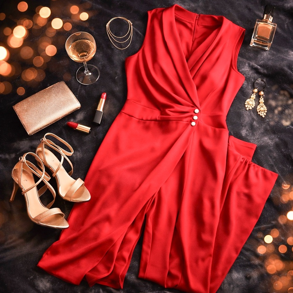 Red Wrap Front Wide Leg Jumpsuit Plus Size 4XL Sleeveless Dressy Evening Party - Picture 3 of 13